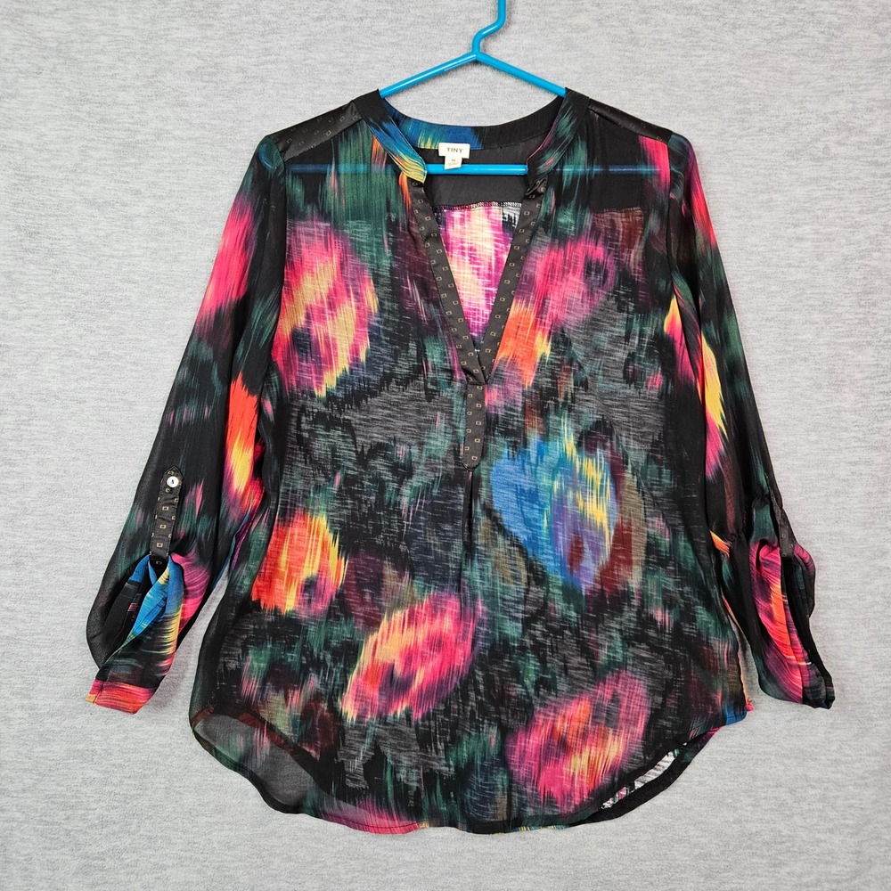 Anthropologie Tiny Sz S Chiffon Knit Abstract Ikat Studded Roll Tab Blouse